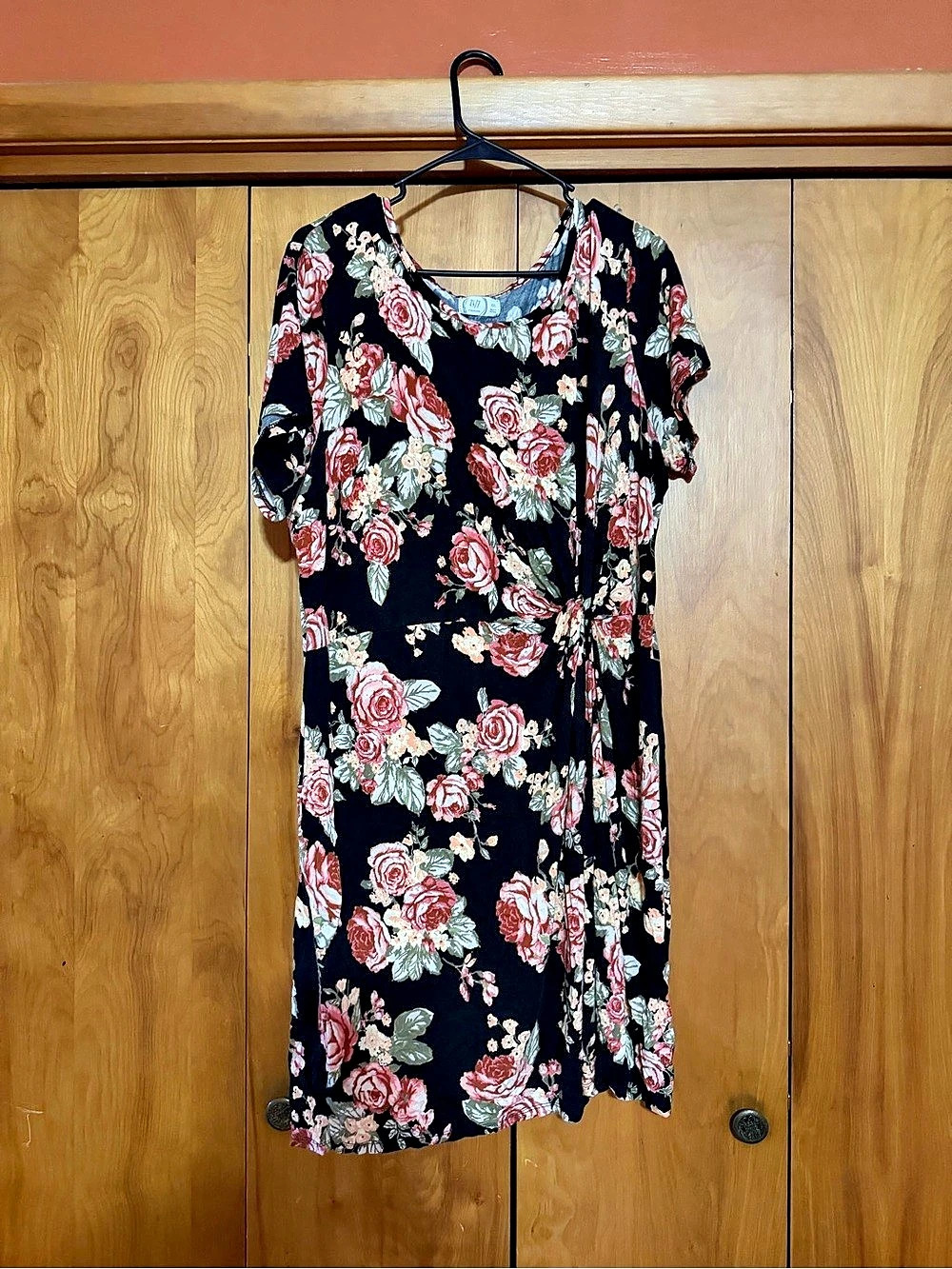 Maurices 24/7 Floral Knot Front Midi Dress Black & Pink XXL